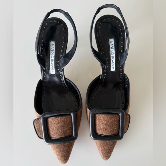 MANOLO BLAHNIK Brown Wool & Black Leather Buckle Mayslibi Heels EU 37 US 7 Shoes - Picture 2 of 10